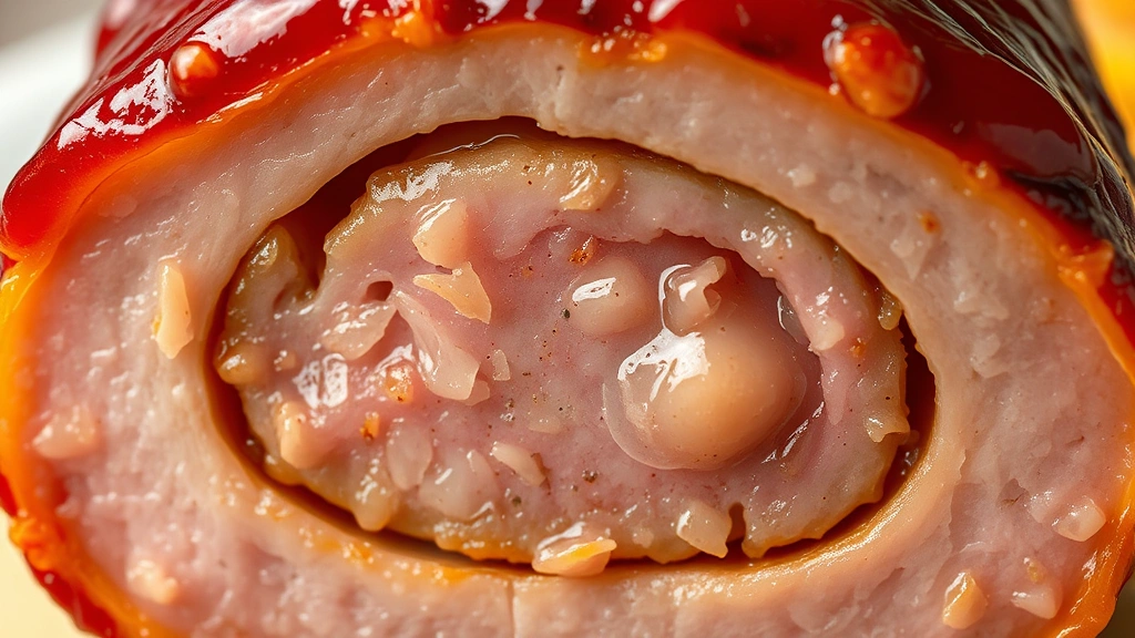 detail: close-up of single glazed ham ball cross-section showing moist interior and caramelized exterior, photorealistic, macro photography, natural light, no text