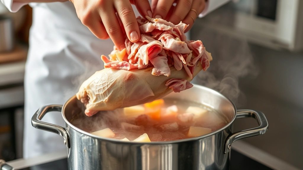 process: chef's hands shredding ham meat from bone over pot of simmering broth, steam rising, vegetables and broth visible, natural kitchen lighting