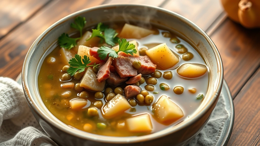 hero: steaming bowl of ham bone soup with split peas and potatoes, fresh parsley garnish, warm winter lighting, rustic wooden table, photorealistic, natural light, no text