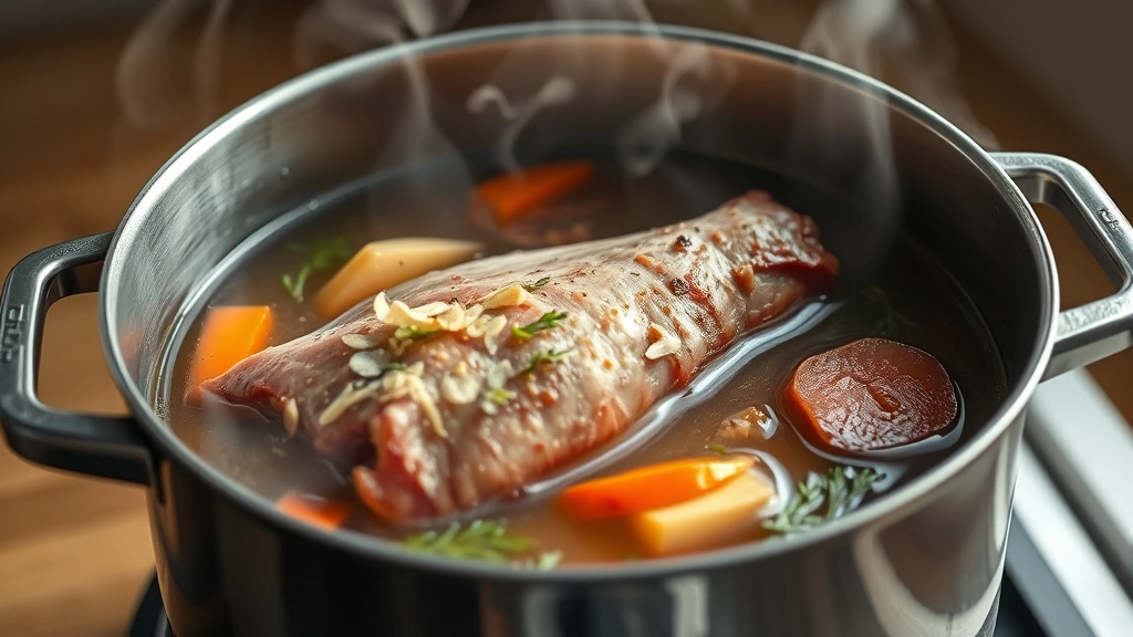 process: simmering ham bone in broth with aromatic vegetables, steam rising from pot, photorealistic, natural light, no text