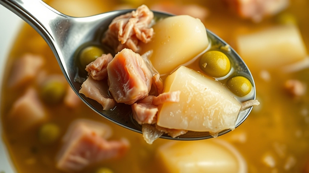 detail: close-up spoonful of ham bone soup showing tender potatoes, split peas, and shredded ham pieces, creamy broth, photorealistic, natural light, no text