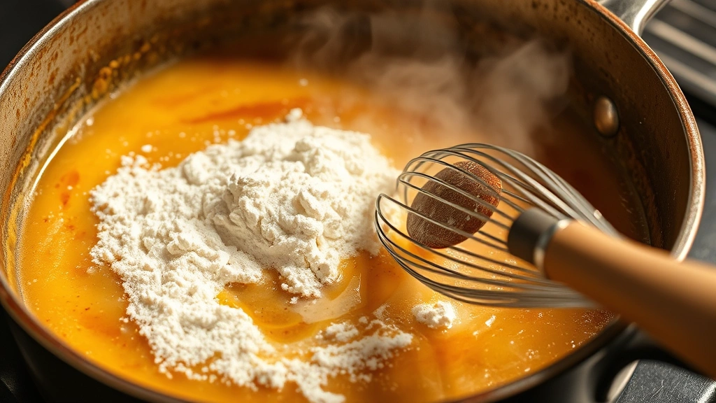 process: whisking flour into ham fat in roasting pan creating roux, golden brown color developing, steam rising, wooden spoon and wire whisk visible, warm kitchen lighting, professional cooking technique