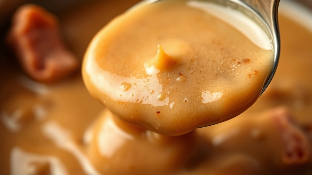 detail: close-up of creamy ham gravy texture, rich golden-brown color, silky smooth consistency, being drizzled from spoon, shallow depth of field, warm diffused lighting, professional food photography style