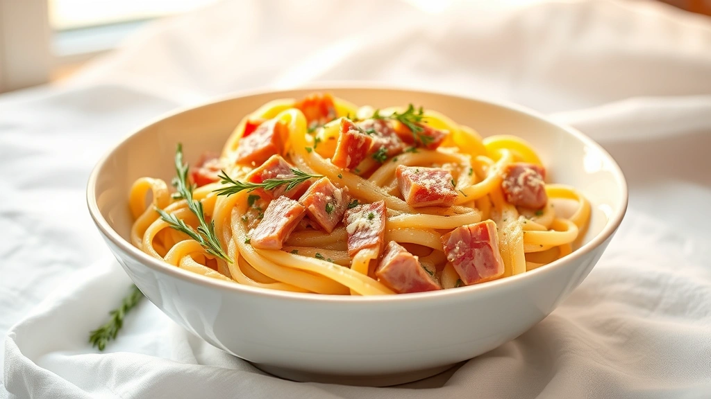 hero: creamy ham pasta dish in shallow white bowl, fresh thyme and chives garnish, golden lighting from window, steam rising, white linen background, no text