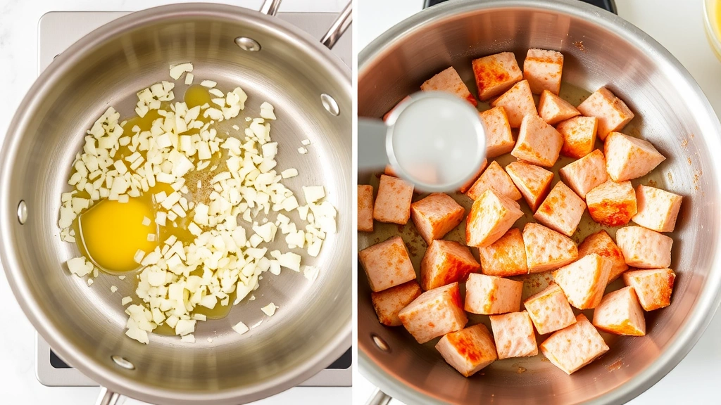 process: melted butter and diced onions in stainless steel skillet, garlic being added, golden caramelized edges on ham cubes, natural daylight kitchen setting, no text