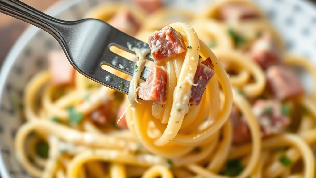detail: close-up of fork twirling creamy pasta with visible ham pieces, sauce clinging to pappardelle ribbons, fresh herbs visible, shallow depth of field, natural light, no text
