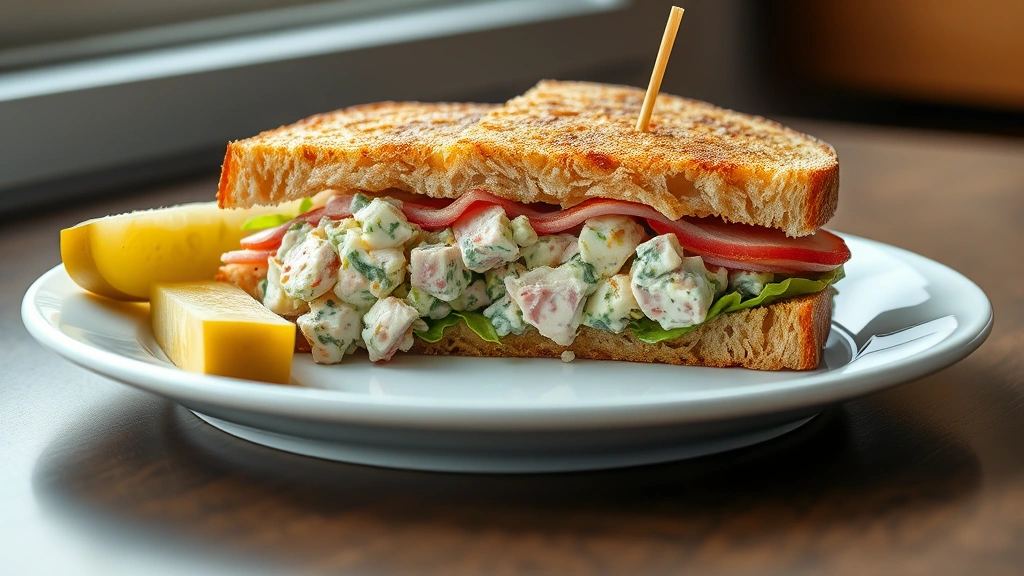 hero: gourmet ham salad sandwich cut diagonally on white plate with pickle spear garnish, photorealistic, natural window light, no text, appetizing close-up