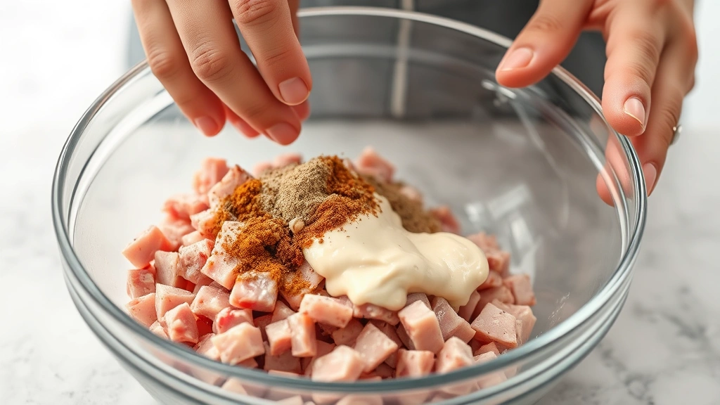 process: hand mixing diced ham with mayo and seasonings in clear glass bowl, photorealistic, natural kitchen light, no text, showing texture and ingredients