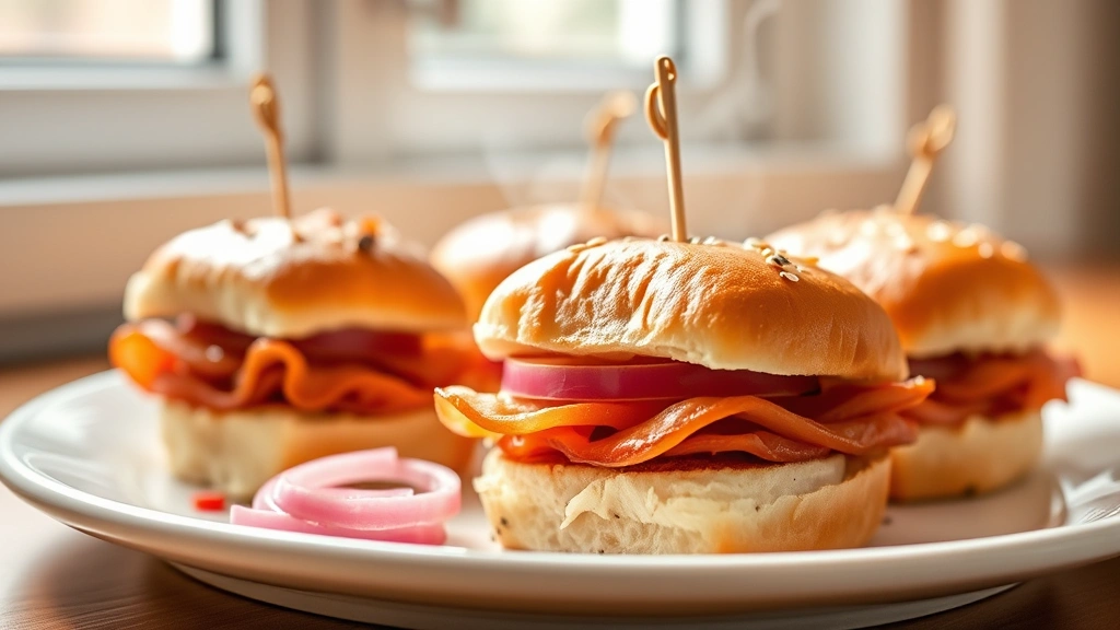 hero: Golden-brown ham sliders on a white plate with pickled red onions and sesame seeds visible, warm steam rising, soft natural window light, no text or watermarks
