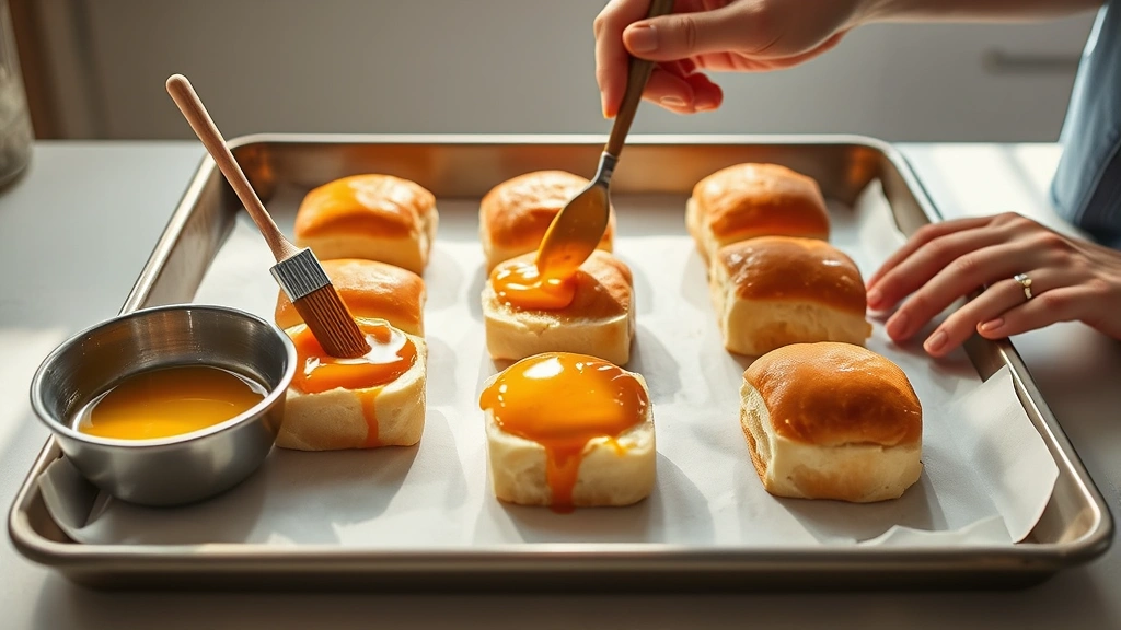 process: Hands brushing glaze onto slider bun halves on a baking sheet, mustard and honey mixture in a small bowl nearby, bright kitchen counter, natural daylight, no text