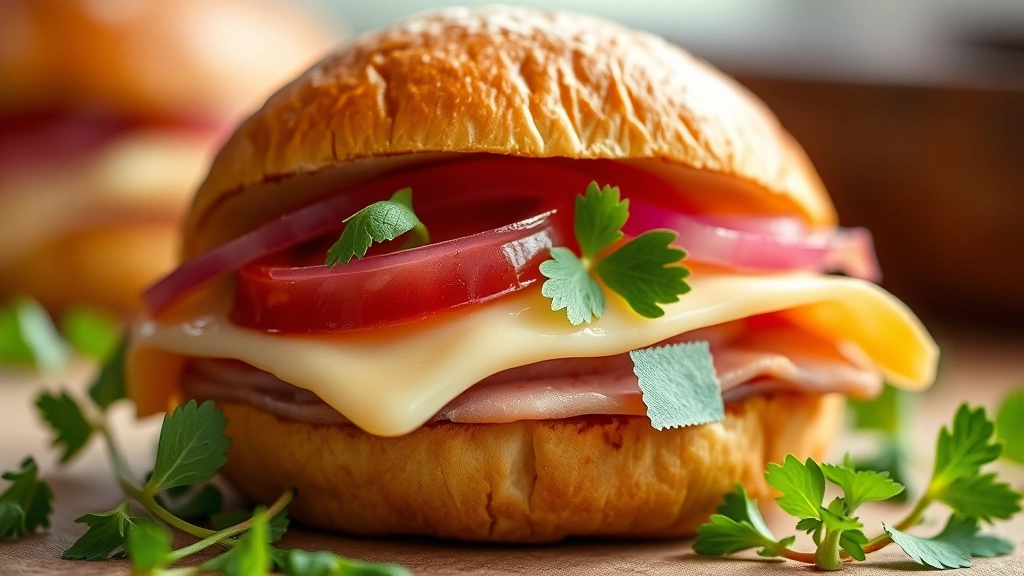 detail: Close-up of a single opened ham slider showing layers of ham, melted cheese, pickled red onions and fresh parsley, golden toasted bun, shallow depth of field, natural light