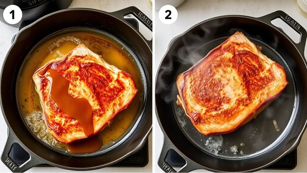 process: ham steak sizzling in cast iron skillet with brown butter and glaze bubbling, mid-cook stage showing crust formation, steam rising, natural kitchen light, overhead angle