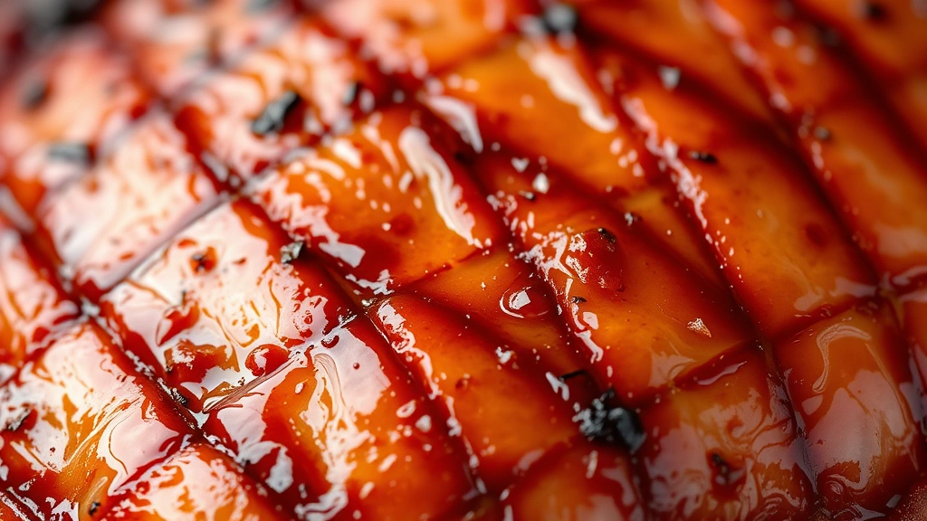 detail: close-up of scored ham steak showing caramelized glaze in crosshatch pattern, glossy and sticky surface, honey-brown color, shallow depth of field, warm natural light, texture clearly visible