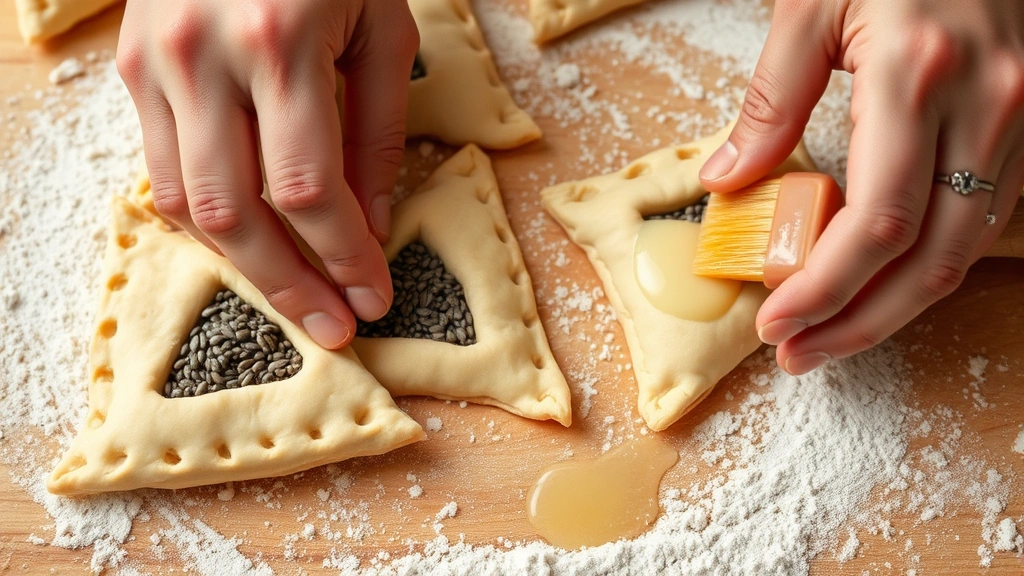 process: Hands folding triangle-shaped hamantaschen dough with poppy seed filling visible in the center, pastry brush with egg wash nearby, close-up action shot, flour dusted surface, warm natural lighting