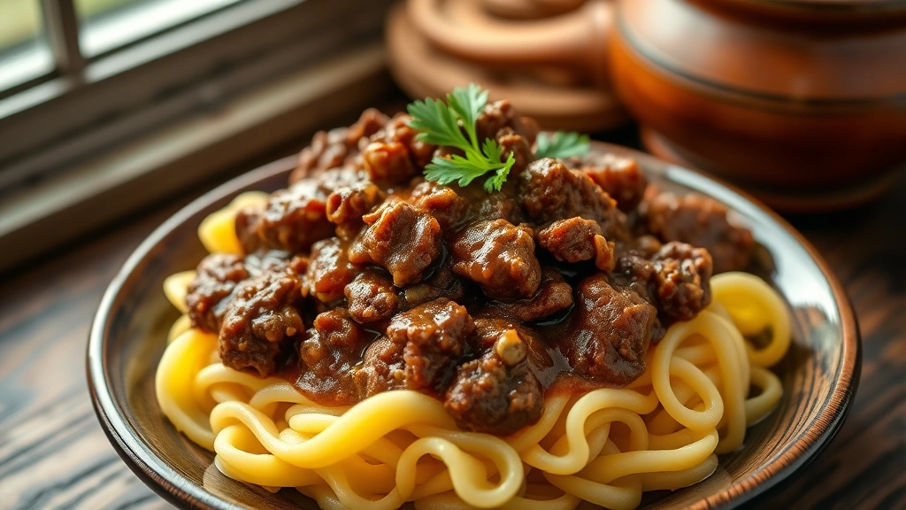 hero: bowl of tender ground beef in rich brown gravy with fresh parsley garnish, served over egg noodles, photorealistic, warm natural lighting from window, rustic wooden table background, no text