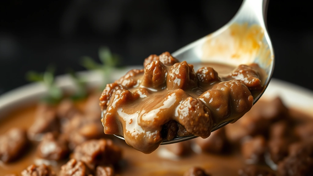 detail: close-up spoon lifting ground beef and sauce, showing tender texture and rich brown color, creamy gravy coating meat, photorealistic, shallow depth of field, no text