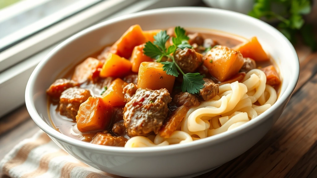hero: finished hamburger crockpot stew served over egg noodles in a white bowl, steaming hot, rich brown sauce with visible carrots and potatoes, garnished with fresh green parsley, photorealistic, natural window lighting, no text