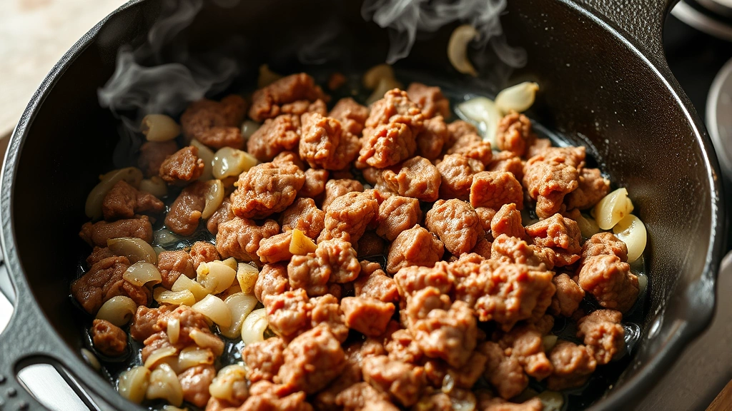 process: browning ground beef in cast iron skillet with onions and garlic, steam rising, golden-brown meat, photorealistic, natural kitchen lighting, no text