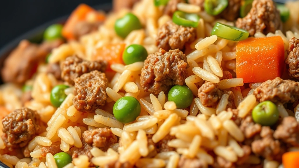 detail: close-up macro shot of finished hamburger rice showing individual grains of rice, chunks of seasoned ground beef, colorful peas and carrots, fresh green onion, shallow depth of field with selective focus, studio lighting, food styling with garnish