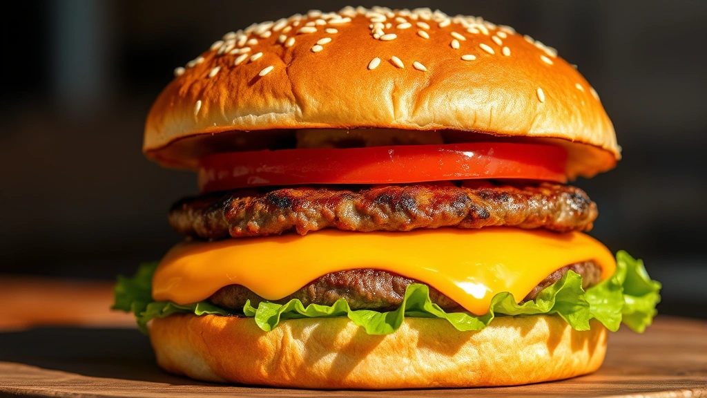hero: juicy grilled hamburger with melted cheese, sesame bun, fresh lettuce and tomato, photorealistic, natural sunlight, no text