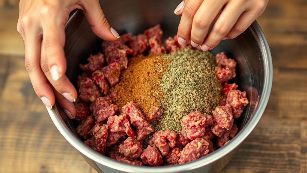 process: hands mixing ground beef with hamburger seasoning in a stainless steel bowl, photorealistic, natural kitchen lighting, no text