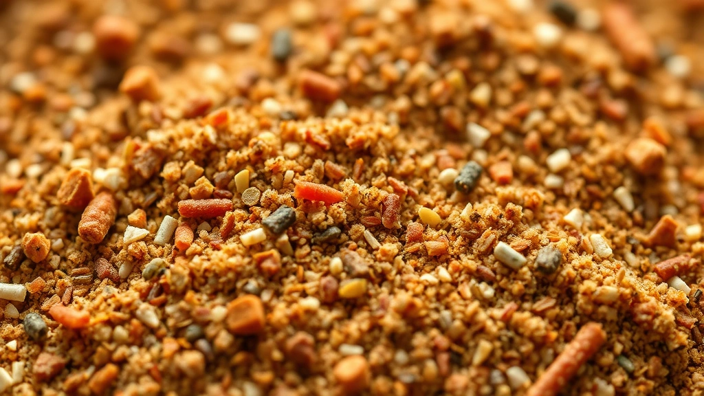 detail: close-up macro shot of hamburger seasoning spice blend with visible individual spice particles, photorealistic, warm natural light, no text