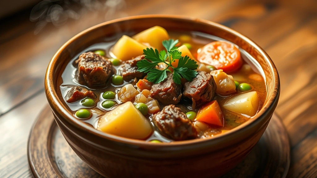 hero: steaming bowl of hamburger stew with chunks of beef, potatoes, carrots and peas in rich brown broth, rustic ceramic bowl, wooden table, warm natural lighting, fresh parsley garnish, photorealistic, no text