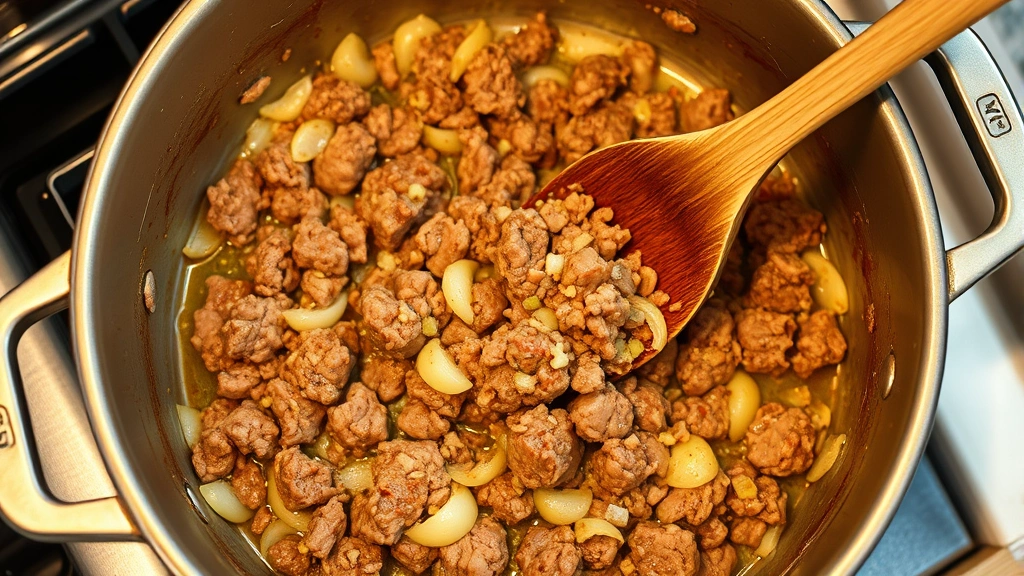 process: ground beef browning in Dutch oven with onions and garlic, wooden spoon breaking up meat, golden brown color, stovetop cooking, warm kitchen lighting, photorealistic, no text