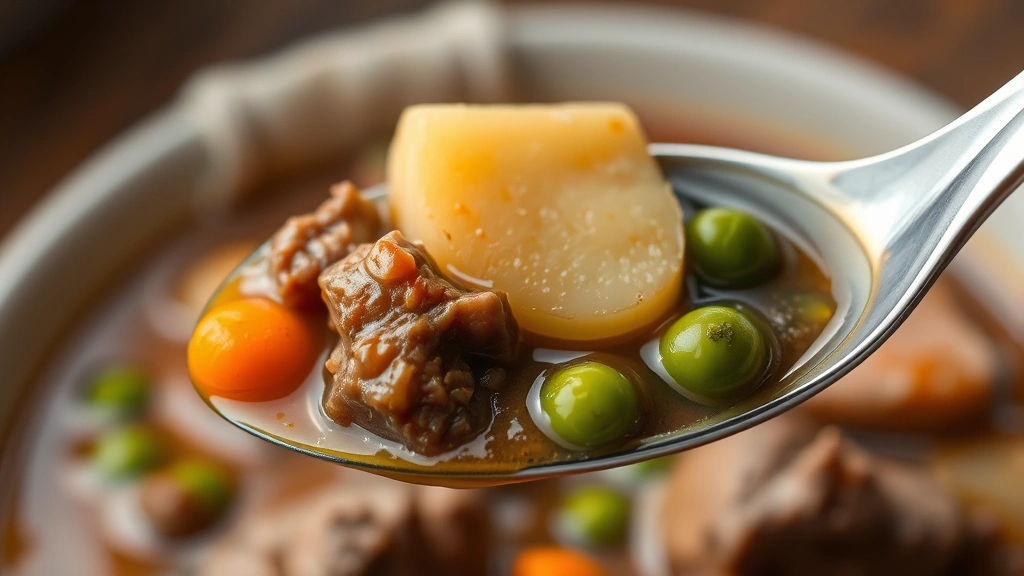 detail: close-up spoonful of hamburger stew showing tender beef, potato cube, carrot round and peas in glossy broth, steam rising, shallow depth of field, photorealistic, no text