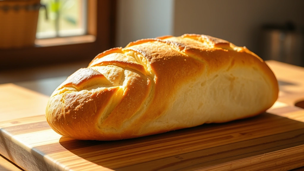 hero: golden-brown freshly baked loaf of white bread cooling on wooden cutting board, natural window light casting warm shadows, crusty top glistening, photorealistic, no text