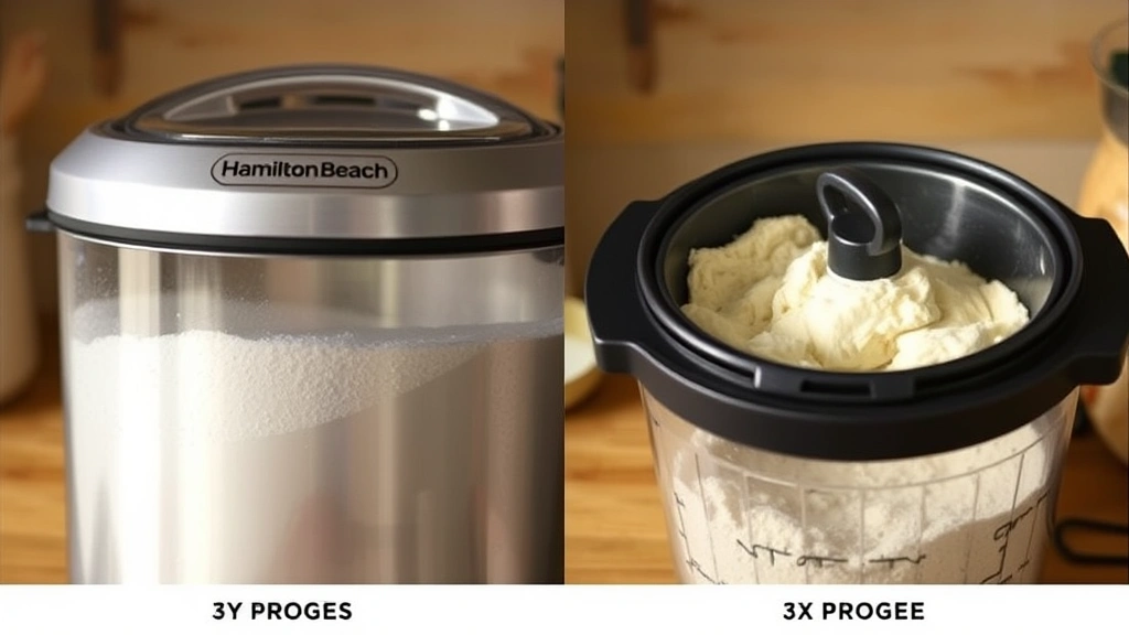process: Hamilton Beach bread maker in action, dough mixing inside pan, flour and ingredients visible, warm kitchen lighting, photorealistic, no text