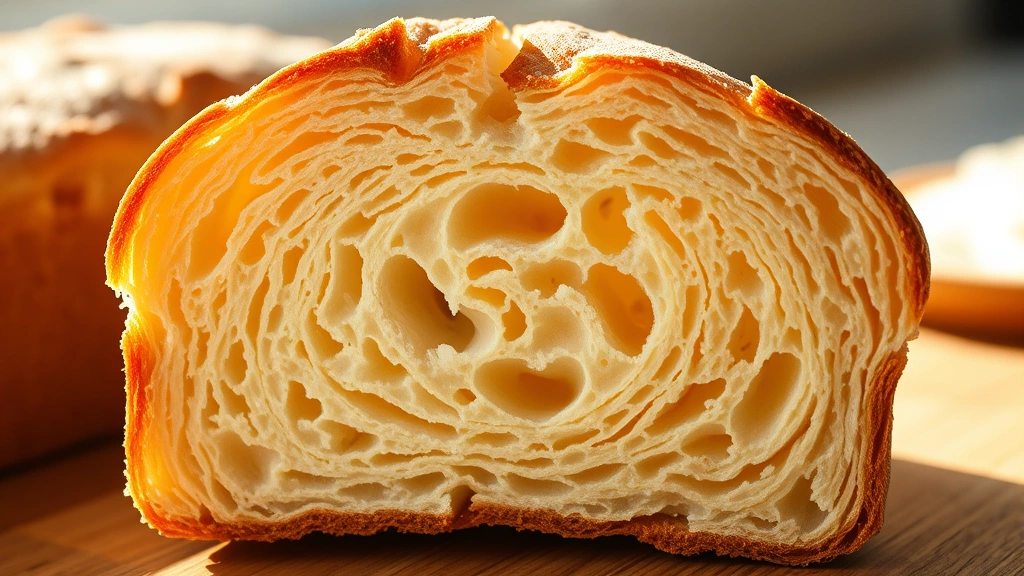 detail: close-up cross-section of sliced bread showing perfect crumb structure and fluffy interior, morning sunlight, photorealistic, no text