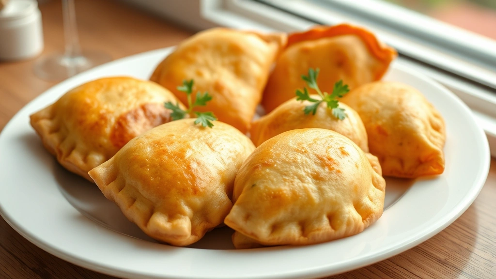 hero: golden-brown hand pies on white plate, photorealistic, natural window light, no text, elegant plating, fresh herbs garnish