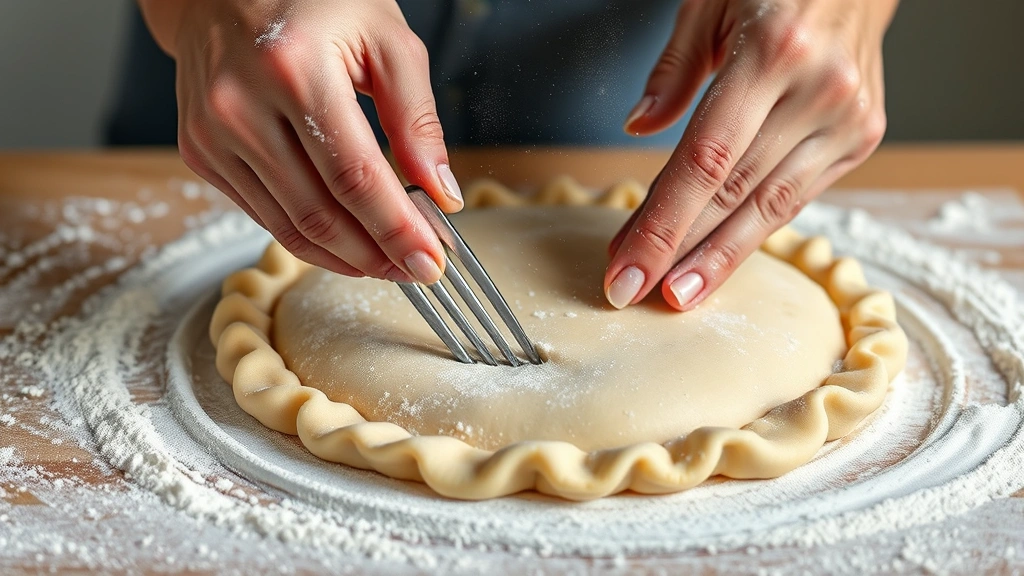 process: hands crimping fork edges of hand pie dough, photorealistic, natural light, close action shot, no text, flour dusting