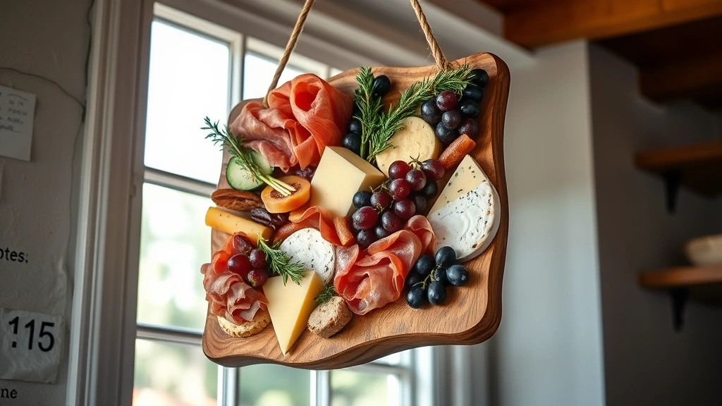 hero: gorgeous hanging charcuterie board suspended from rope, bursting with prosciutto, aged cheeses, grapes, and fresh herbs, dramatic natural window lighting, shot from slightly below, photorealistic, no text