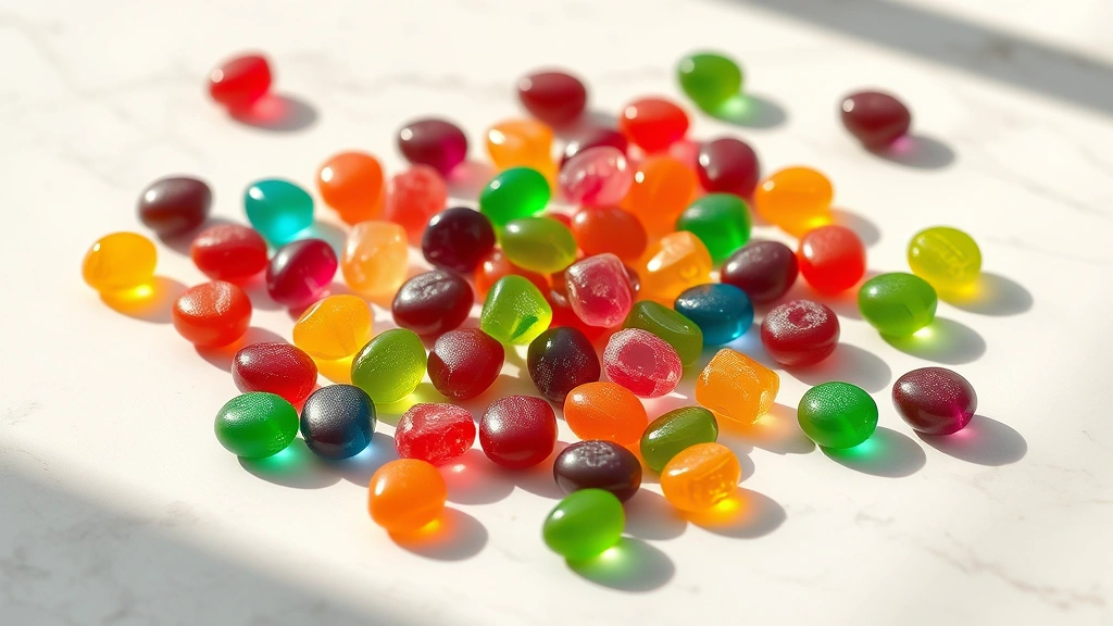 hero: glossy jewel-toned hard candies scattered on white marble surface with morning sunlight casting shadows, photorealistic, natural light, no text