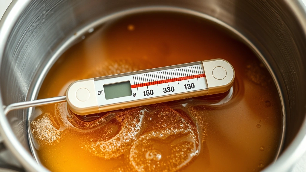 process: candy thermometer inserted in amber-colored boiling sugar syrup in stainless steel pan, photorealistic, natural light, no text