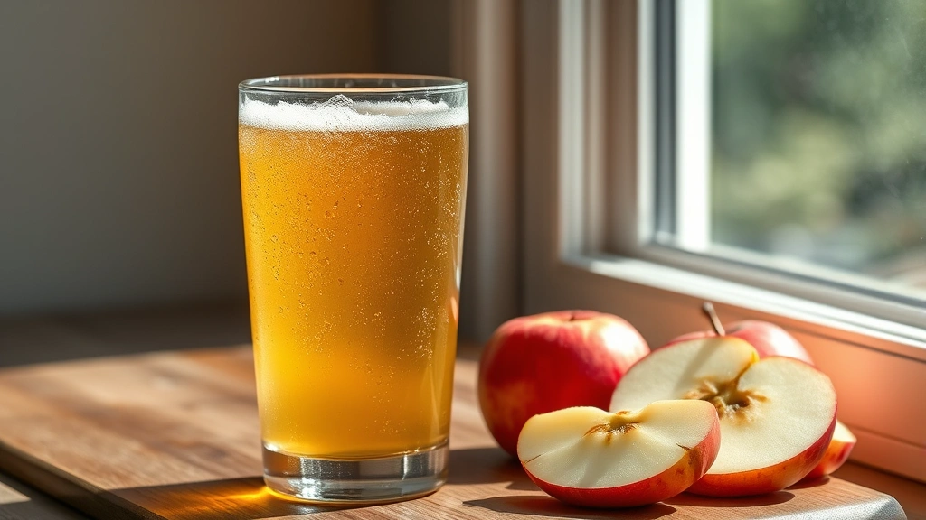 hero: glass of crisp golden hard cider with condensation, fresh apple slices beside it, natural window light, no text