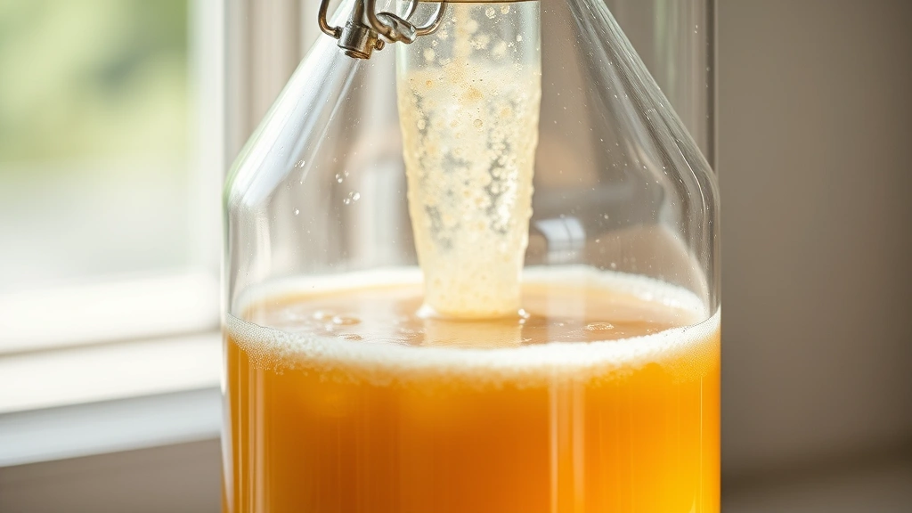 process: clear glass fermentation vessel with airlock showing active bubbling fermentation, golden liquid inside, natural light, no text