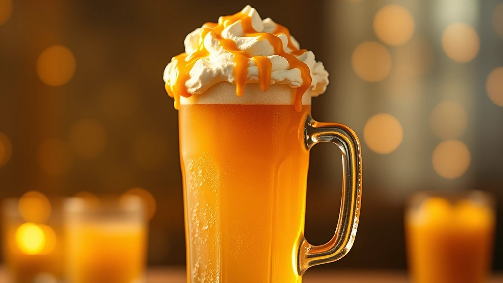 hero: tall glass of golden butterbeer with fluffy whipped cream topping and butterscotch drizzle, cream soda visible, magical golden lighting, soft focus background, photorealistic, natural warm light, no text
