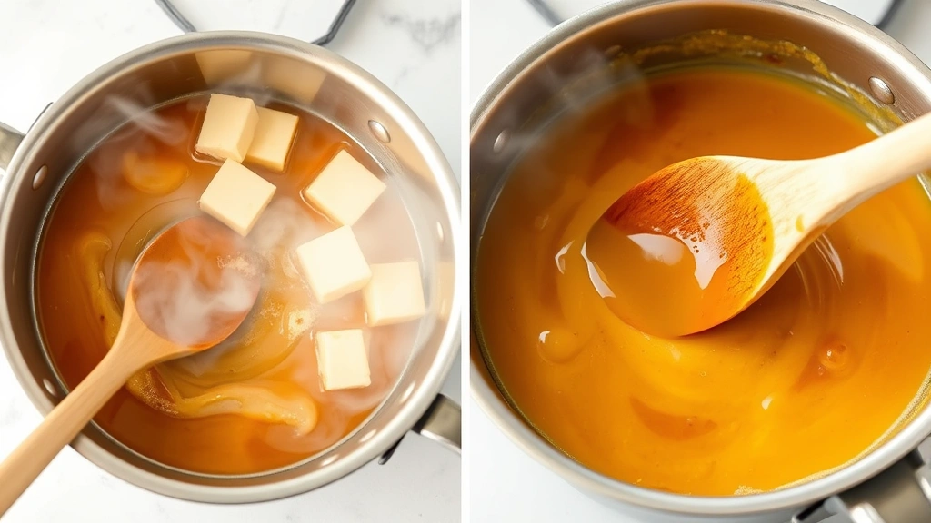 process: saucepan with melting butterscotch and butter mixture, hand stirring with wooden spoon, steam rising, golden brown color, photorealistic, natural bright kitchen light, no text