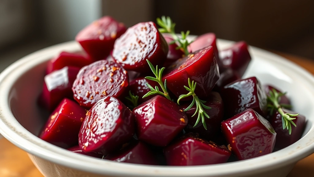 hero: bowl of glossy deep crimson Harvard beets with warm spice glaze, garnished with fresh thyme, photorealistic, natural window light, shallow depth of field, no text