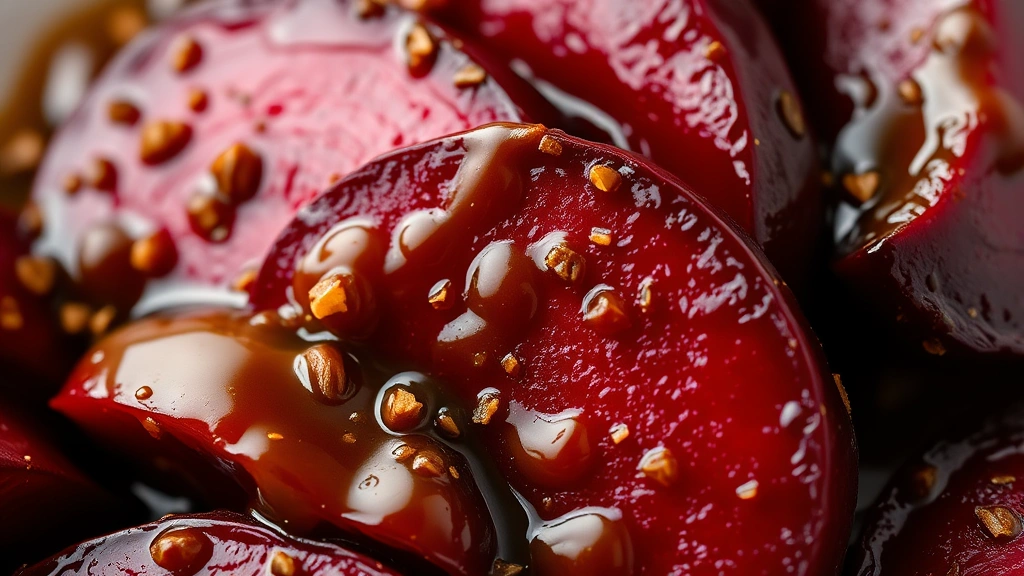 detail: close-up of sliced beets coated in glossy brown vinegar glaze, showing individual spices and sauce coating, photorealistic, macro photography, natural light, no text