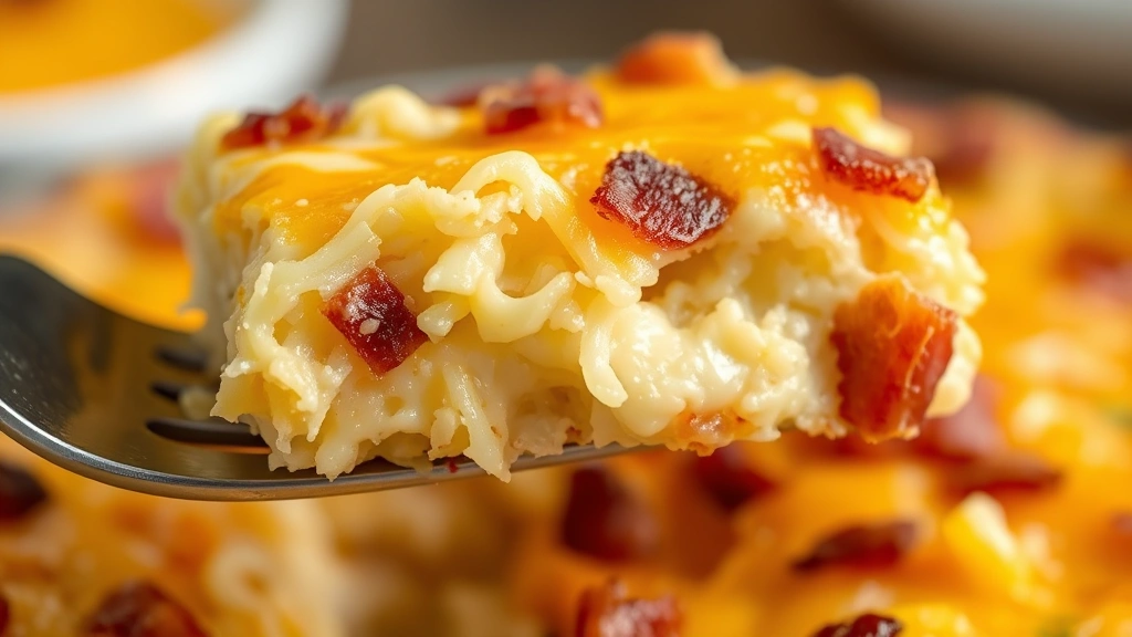 detail: Close-up macro shot of hash brown casserole cross-section showing creamy custard, melted cheese, shredded potatoes, crispy bacon pieces, golden top, shallow depth of field, warm natural lighting, fork lifting piece, no text