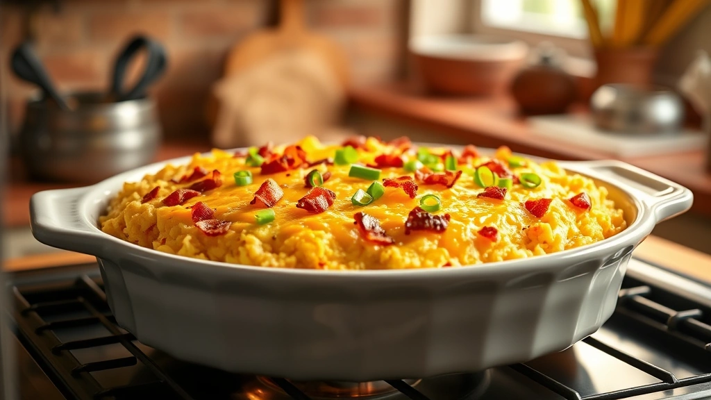 hero: golden hash brown casserole fresh from oven, bubbling cheese on top with crispy bacon bits and green onion garnish, served in ceramic baking dish, warm natural window light, cozy kitchen background, photorealistic, no text