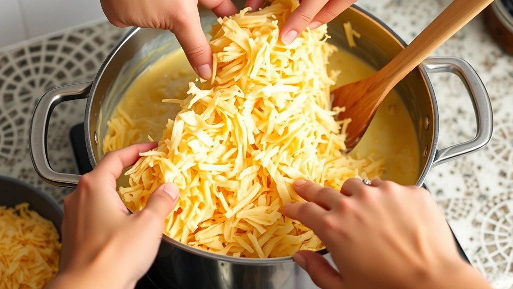 process: hands folding shredded hash browns into creamy cheese sauce in large pot, melted cheddar and gruyere visible, wooden spoon stirring, kitchen counter setup, natural daylight, photorealistic, no text