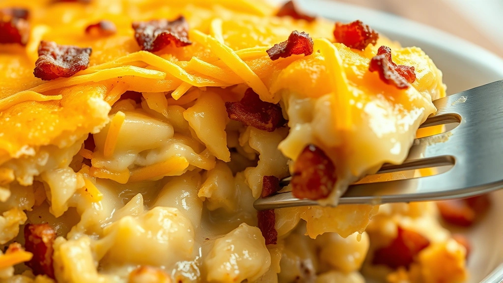 detail: close-up cross-section of baked hash brown casserole showing layers of potatoes and creamy sauce, crispy golden top, melted cheese strings, bacon pieces visible, fork about to take bite, natural warm lighting, photorealistic, no text
