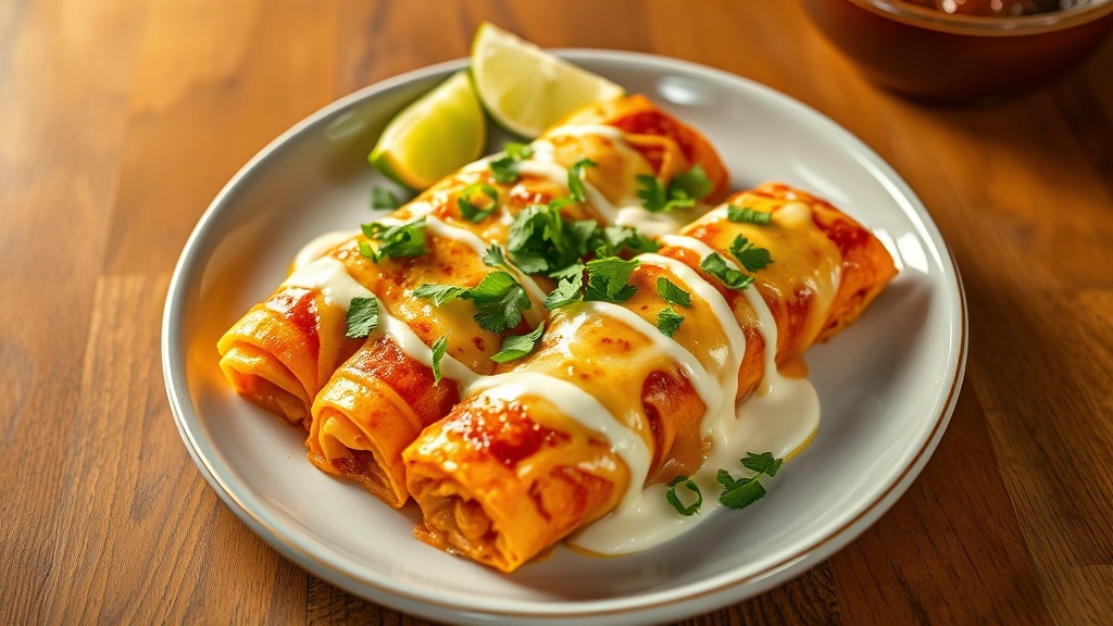 hero: plated Hatch chile enchiladas with melted cheese and cilantro garnish, Mexican crema drizzle, lime wedge, wooden table background, warm golden lighting, no text