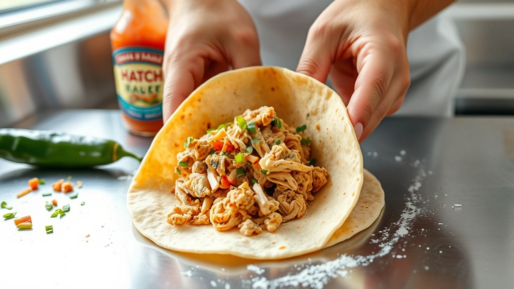 process: hands rolling corn tortilla with chicken filling, Hatch chile sauce in background, stainless steel counter, bright natural light, no text