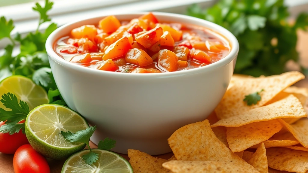 hero: vibrant fresh Hatch pepper salsa in a white ceramic bowl with tortilla chips on the side, surrounded by fresh limes and cilantro, bright natural daylight from window, no text or watermarks